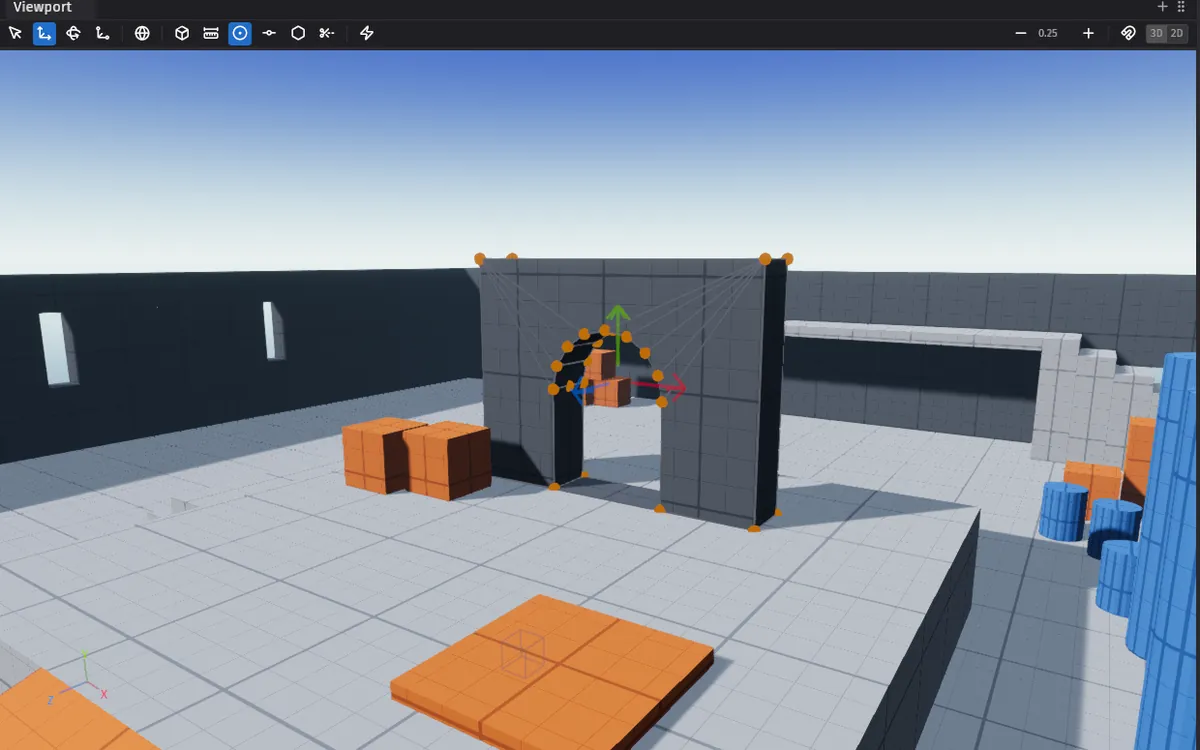 A level blockout in vertex edit mode, with the vertices of an arched wall selected and the move gizmo on them