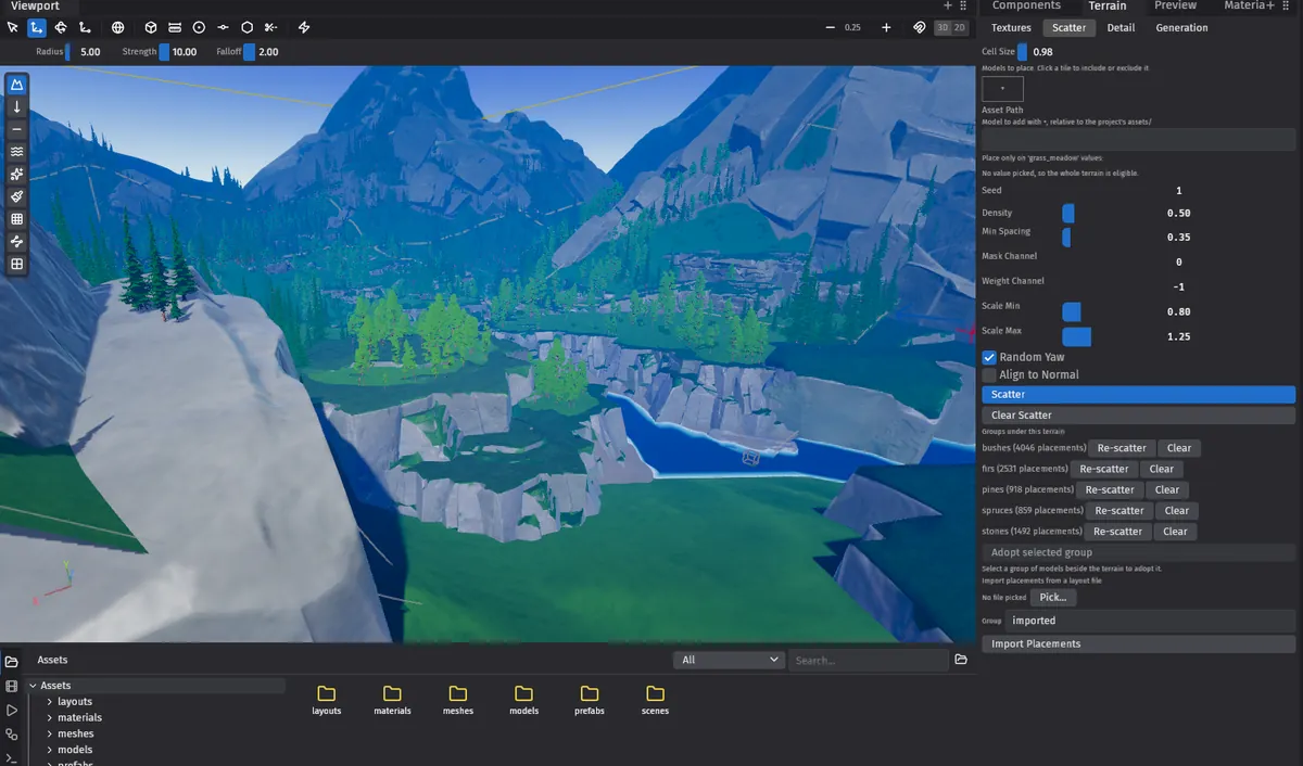 Mountain scenery with the terrain tools and scatter groups open in Jackdaw