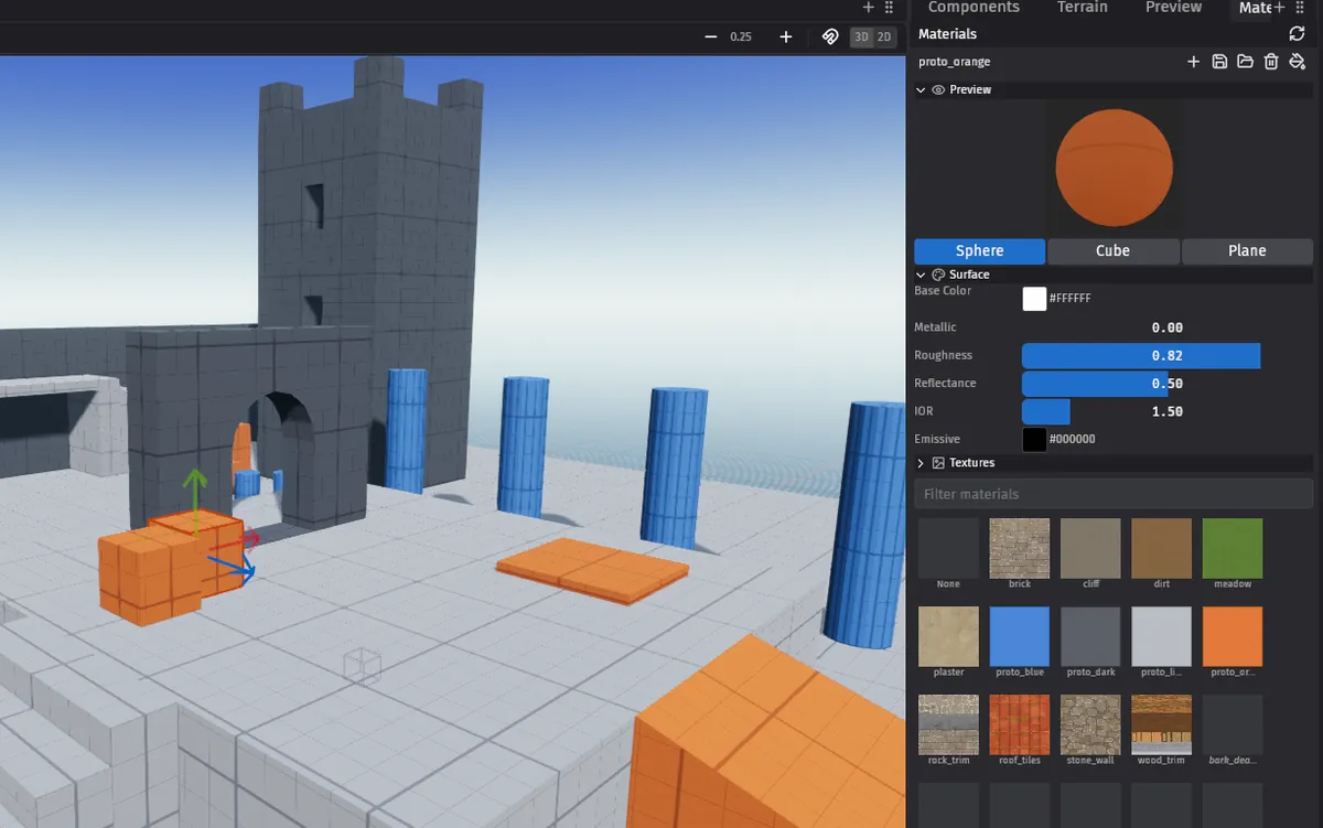A selected crate in a level blockout beside the material browser, with prototype grid, brick, plaster and tile materials and a live preview sphere
